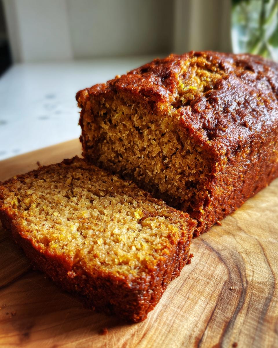 A close-up of a moist banana bread with zucchini loaf, with one slice cut and placed in front.
