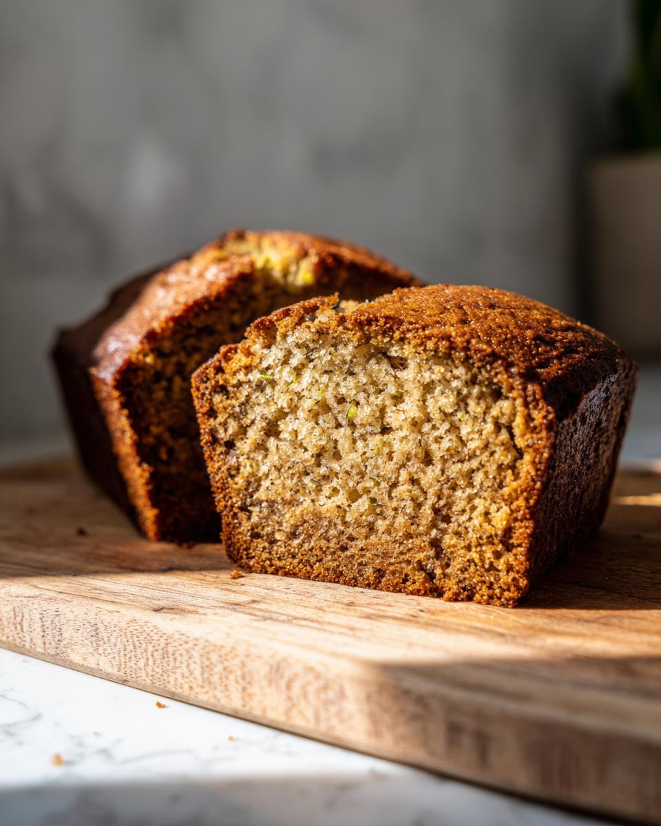 A close-up of a sliced banana bread with zucchini loaf on a wooden board, showcasing its moist texture.