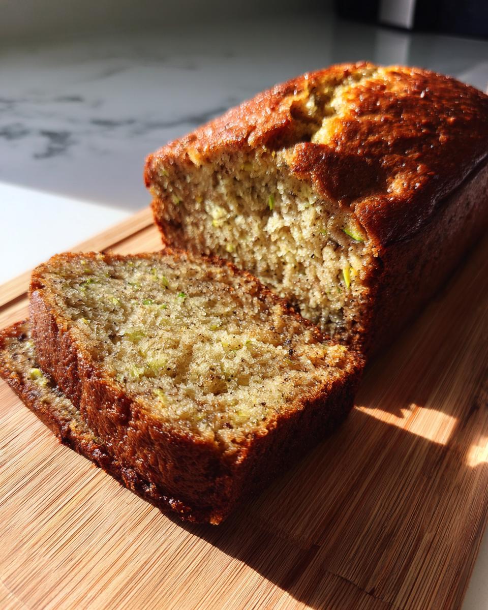 A sliced loaf of moist banana bread with zucchini on a wooden cutting board, bathed in sunlight.