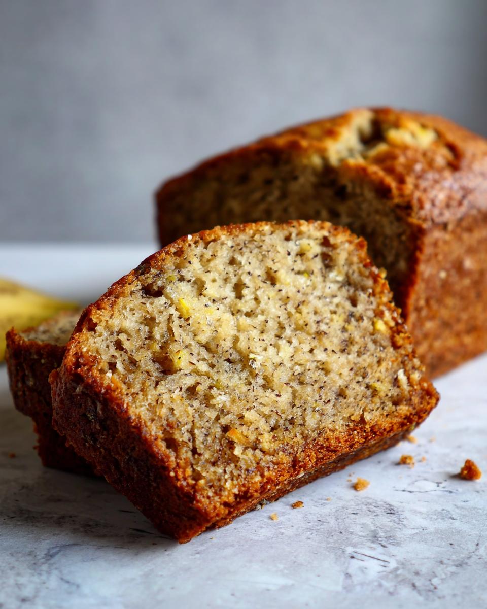 Close-up of moist banana bread with zucchini, showing a perfect slice with visible banana and zucchini texture.