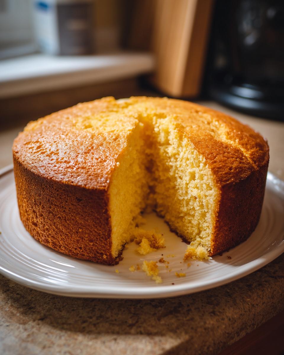 A freshly baked 1-bowl yellow birthday cake with a slice removed, showing its fluffy texture.