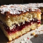 Close-up of a slice of Almond Cake With Raspberry Jam, dusted with powdered sugar.