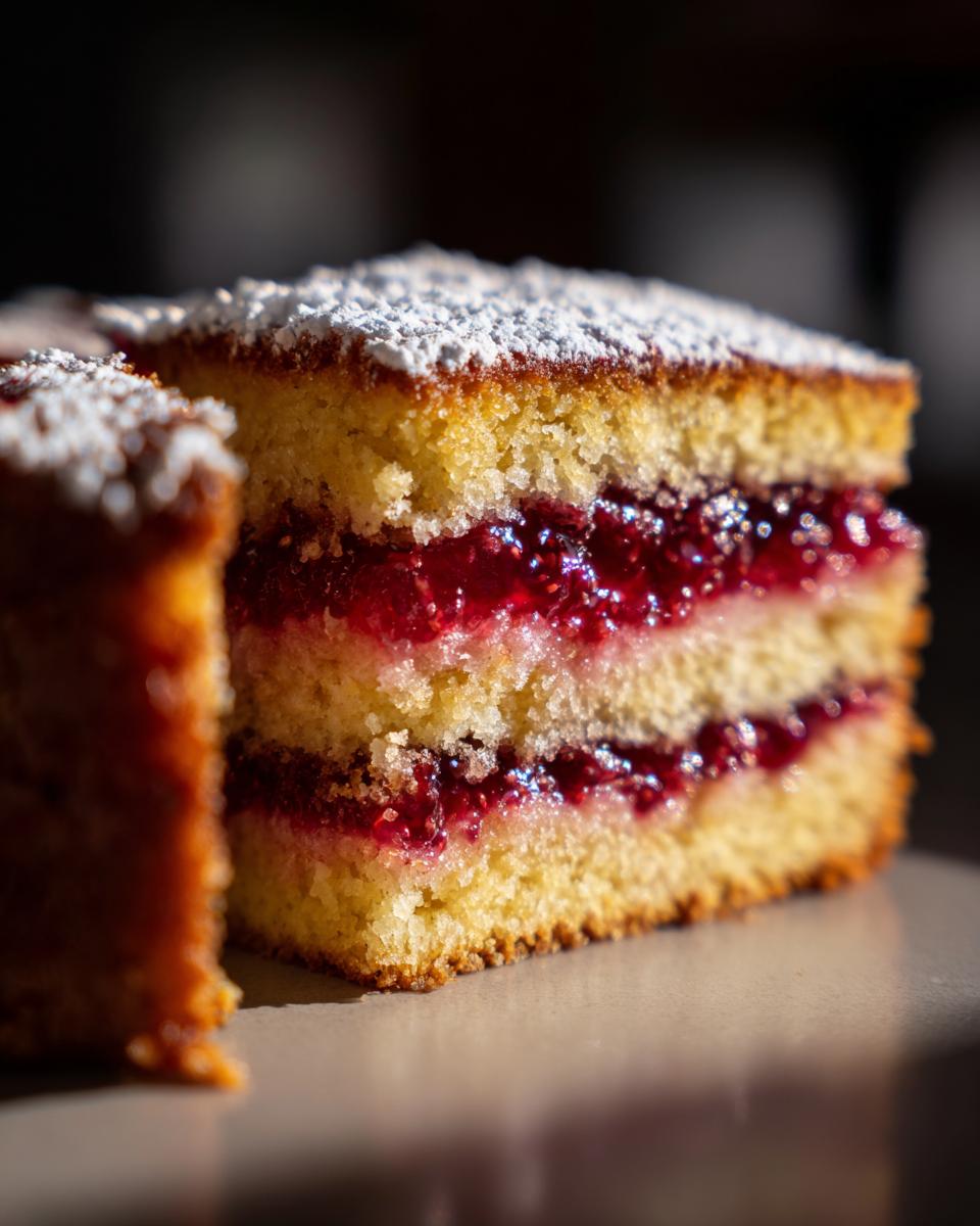 Close-up of a slice of Almond Cake With Raspberry Jam, dusted with powdered sugar.