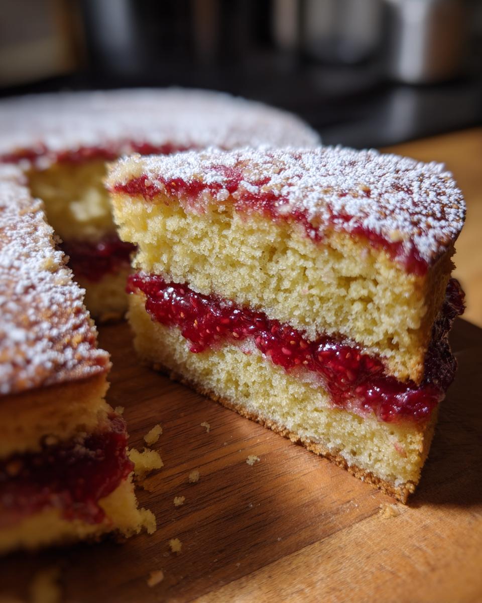 A close-up of a slice of Almond Cake With Raspberry Jam, showing the layers of cake and jam, dusted with powdered sugar.