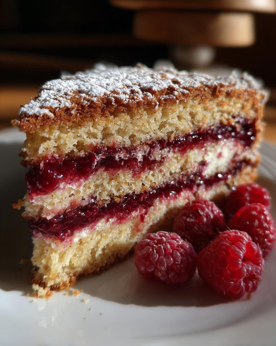 A slice of Almond Cake With Raspberry Jam, dusted with powdered sugar and garnished with fresh raspberries.
