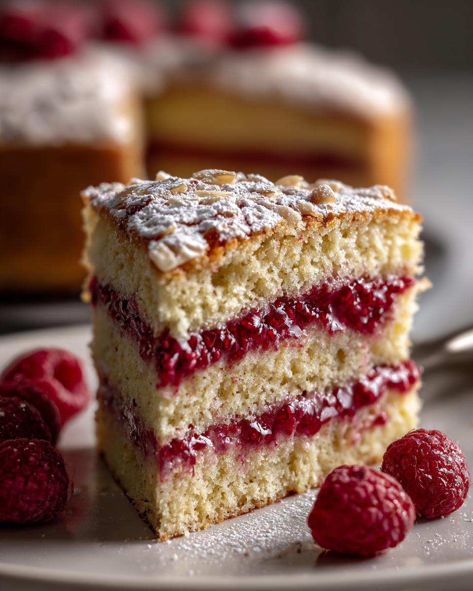 A slice of Almond Cake With Raspberry Jam, layered with jam and dusted with powdered sugar and almonds.