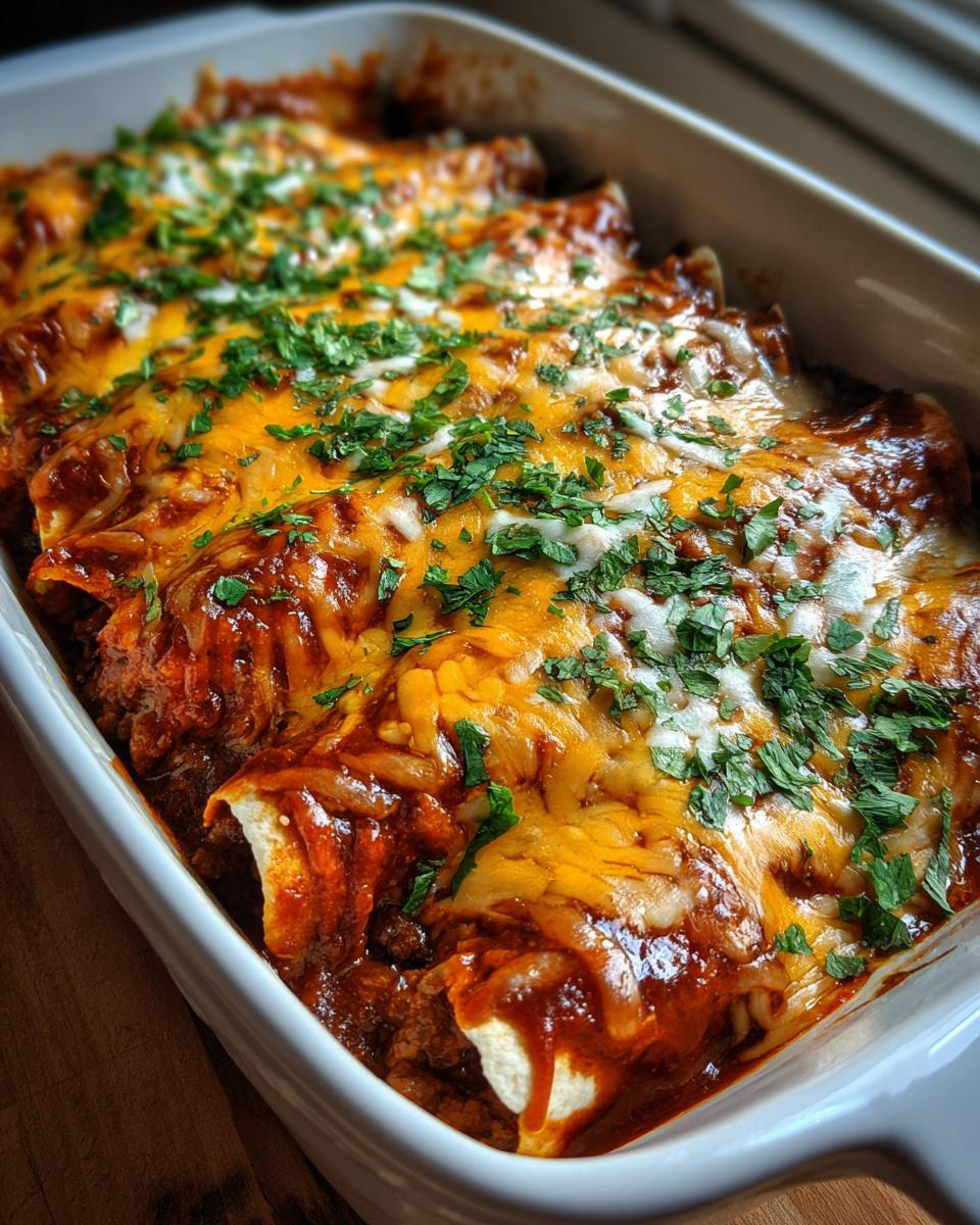 A close-up of baked Beef Enchiladas in a white baking dish, covered in red sauce and melted cheese, garnished with fresh parsley.