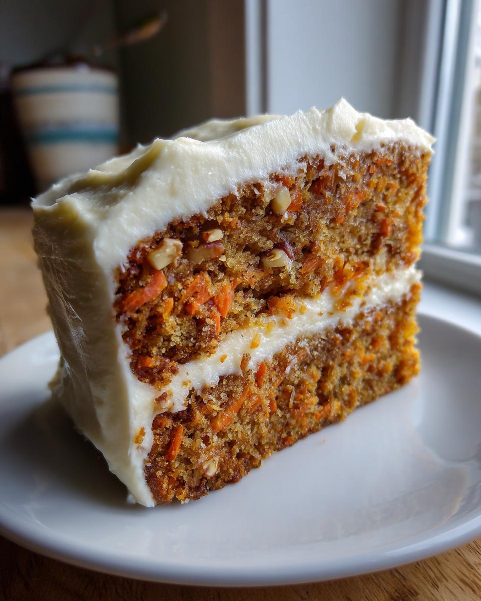 A thick slice of moist Carrot Cake with cream cheese frosting and visible nuts and carrots.