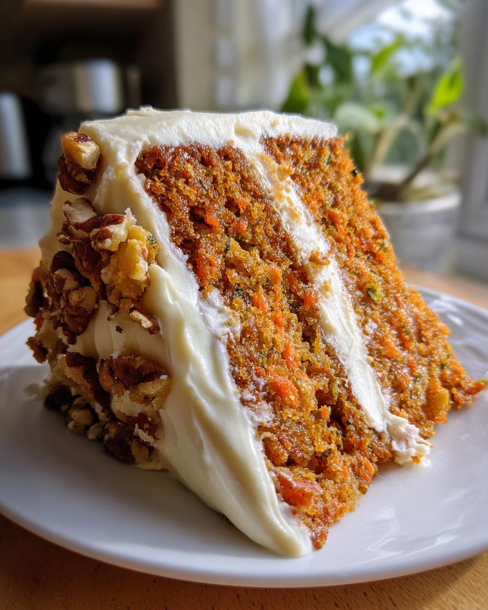 A generous slice of moist Carrot Cake with rich cream cheese frosting and chopped pecans.