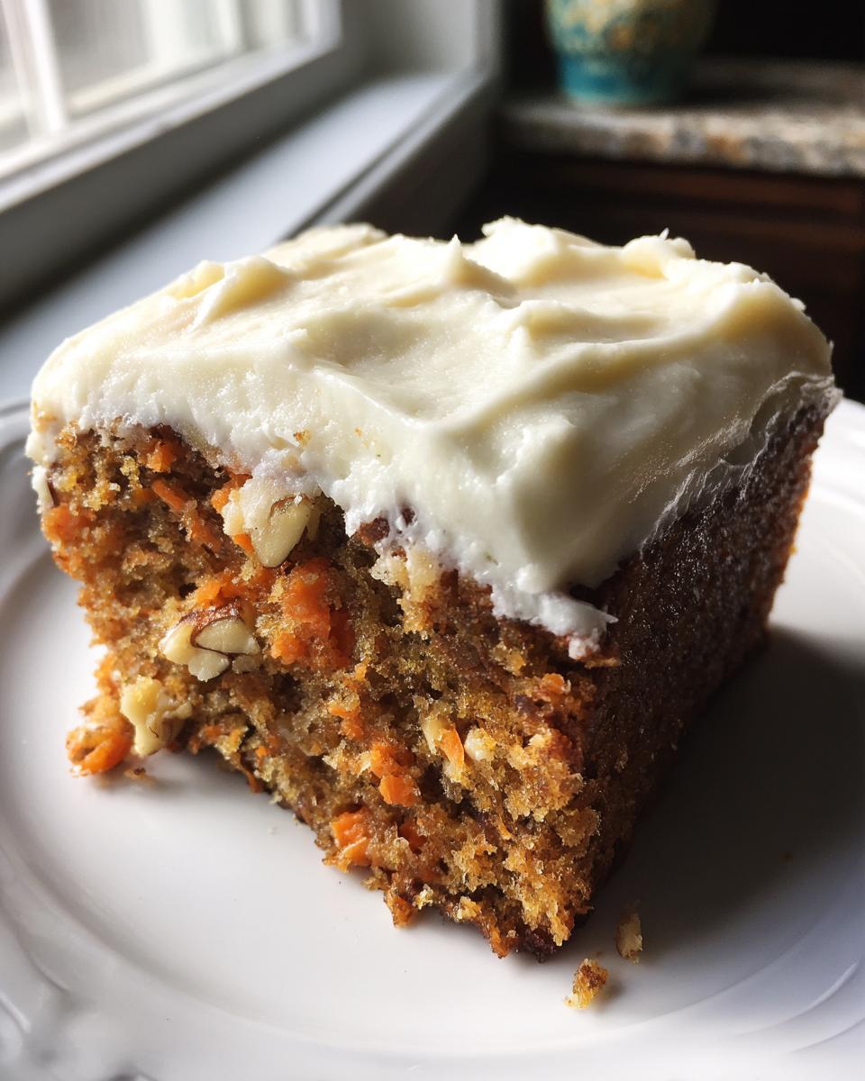 A delicious slice of Amazing Carrot Cake topped with creamy frosting and visible nuts and carrots.