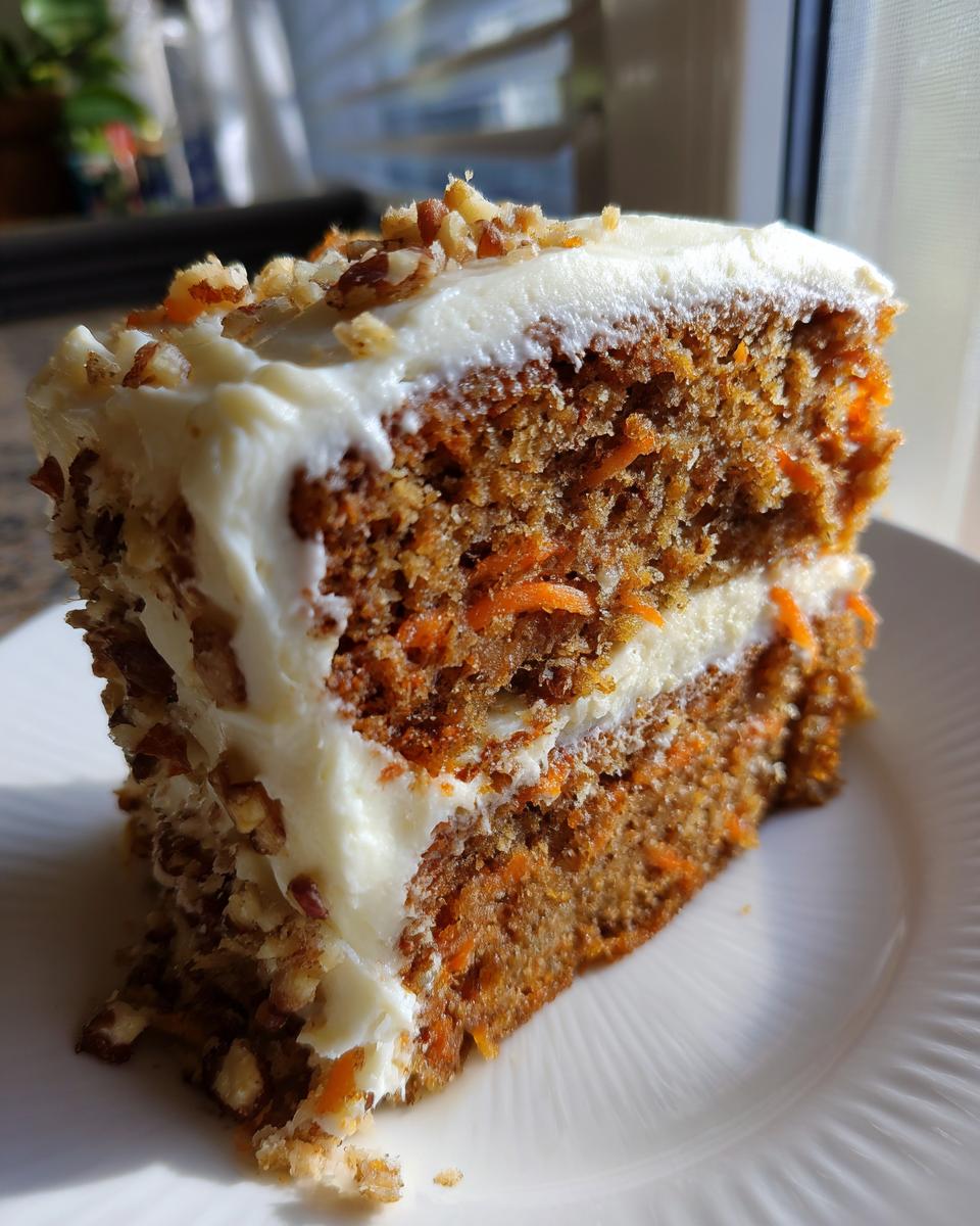 A delicious slice of Amazing Carrot Cake, featuring moist cake layers, cream cheese frosting, and chopped nuts.