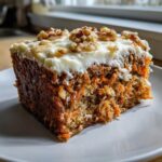 A delicious slice of Amazing Carrot Cake, topped with creamy frosting and chopped walnuts.