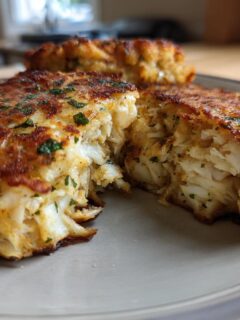 Close-up of golden-brown, perfectly cooked crab cakes on a gray plate, one split open to reveal flaky crab meat.
