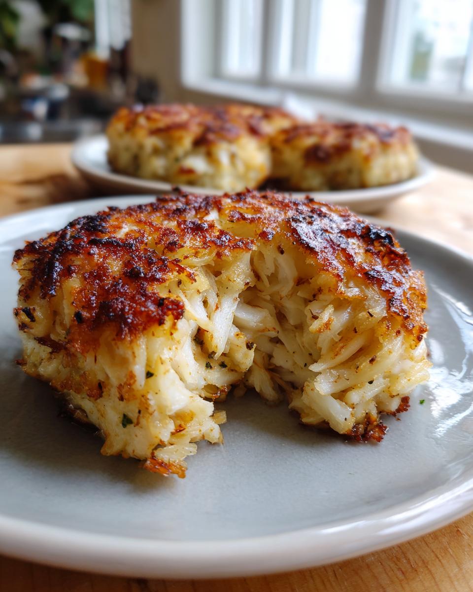Close-up of a golden-brown crab cake, showing its flaky crab meat interior and crispy exterior. Other crab cakes are blurred in the background.