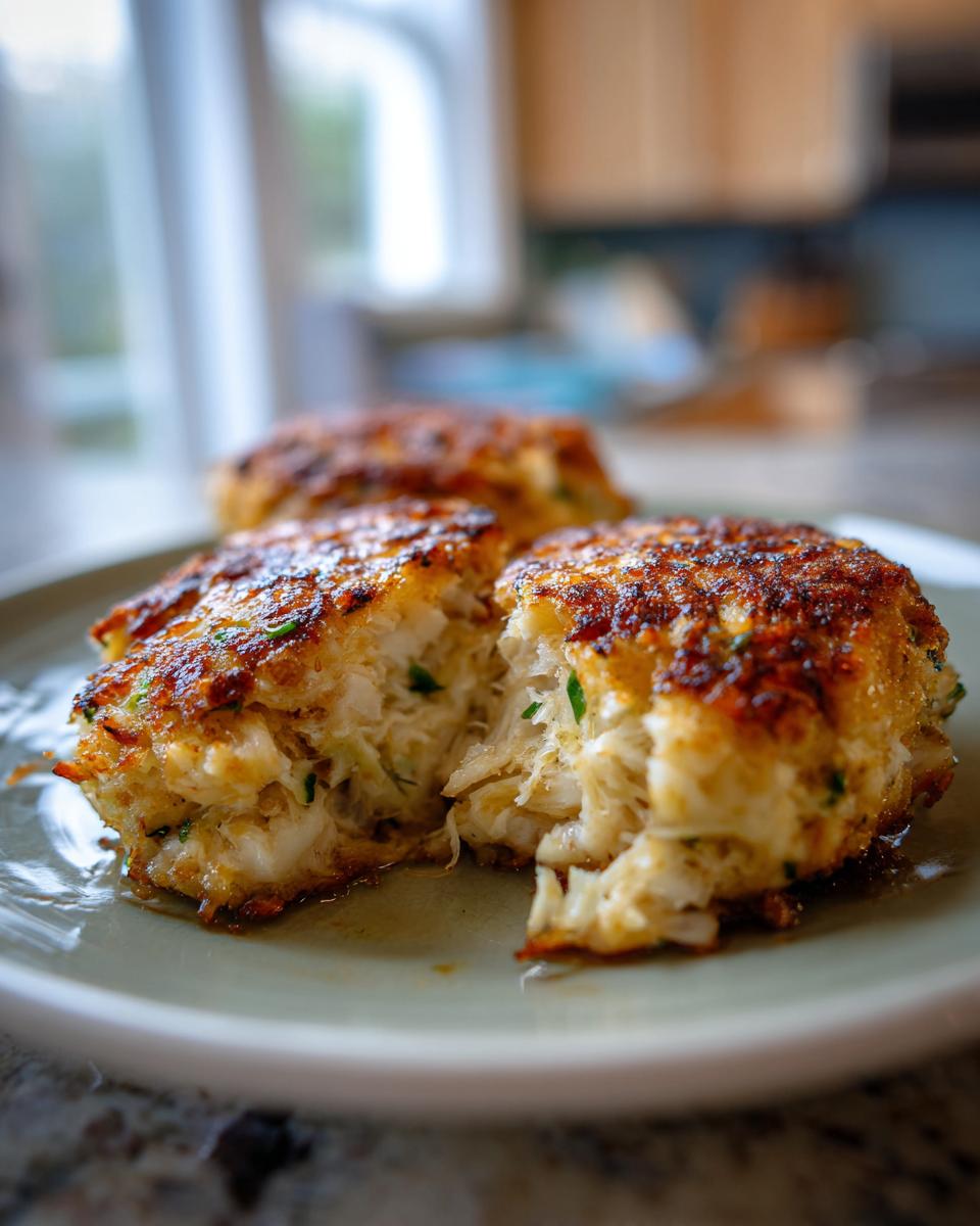 Close-up of delicious, golden-brown crab cakes on a plate, one is broken open revealing flaky crab meat.