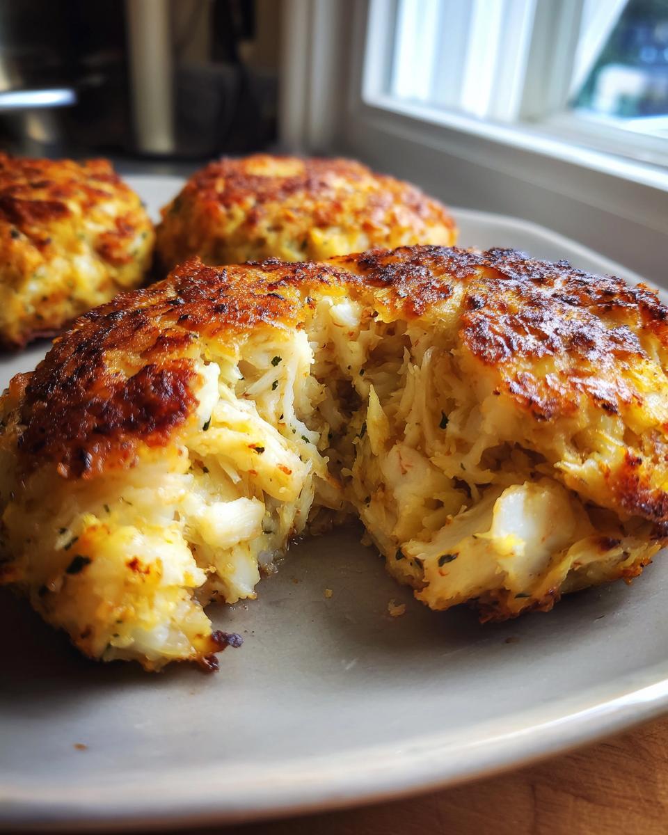 Close-up of a perfectly cooked crab cake, broken in half to reveal flaky crab meat inside. Amazing Crab Cakes.