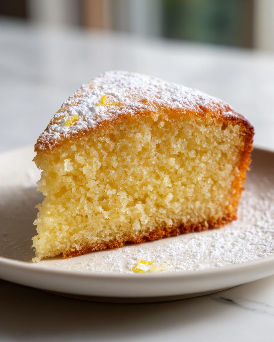 A slice of moist and fluffy lemon cake dusted with powdered sugar and lemon zest.