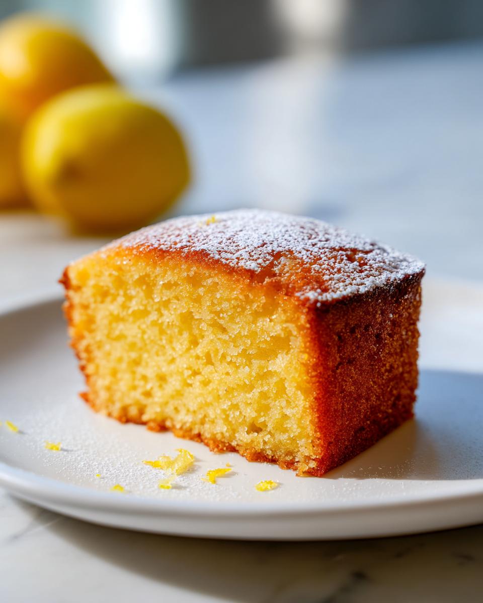 A close-up of a moist slice of amazing lemon cake, dusted with powdered sugar and served on a white plate with lemon zest.