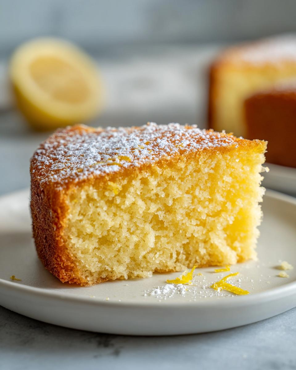A close-up of a moist slice of Amazing Lemon Cake, dusted with powdered sugar and lemon zest.