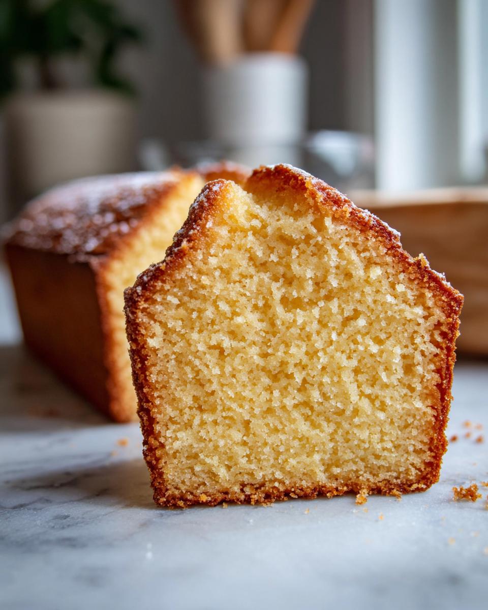 Close-up of a moist slice of Amazing Pound Cake, dusted with powdered sugar, revealing its tender crumb.