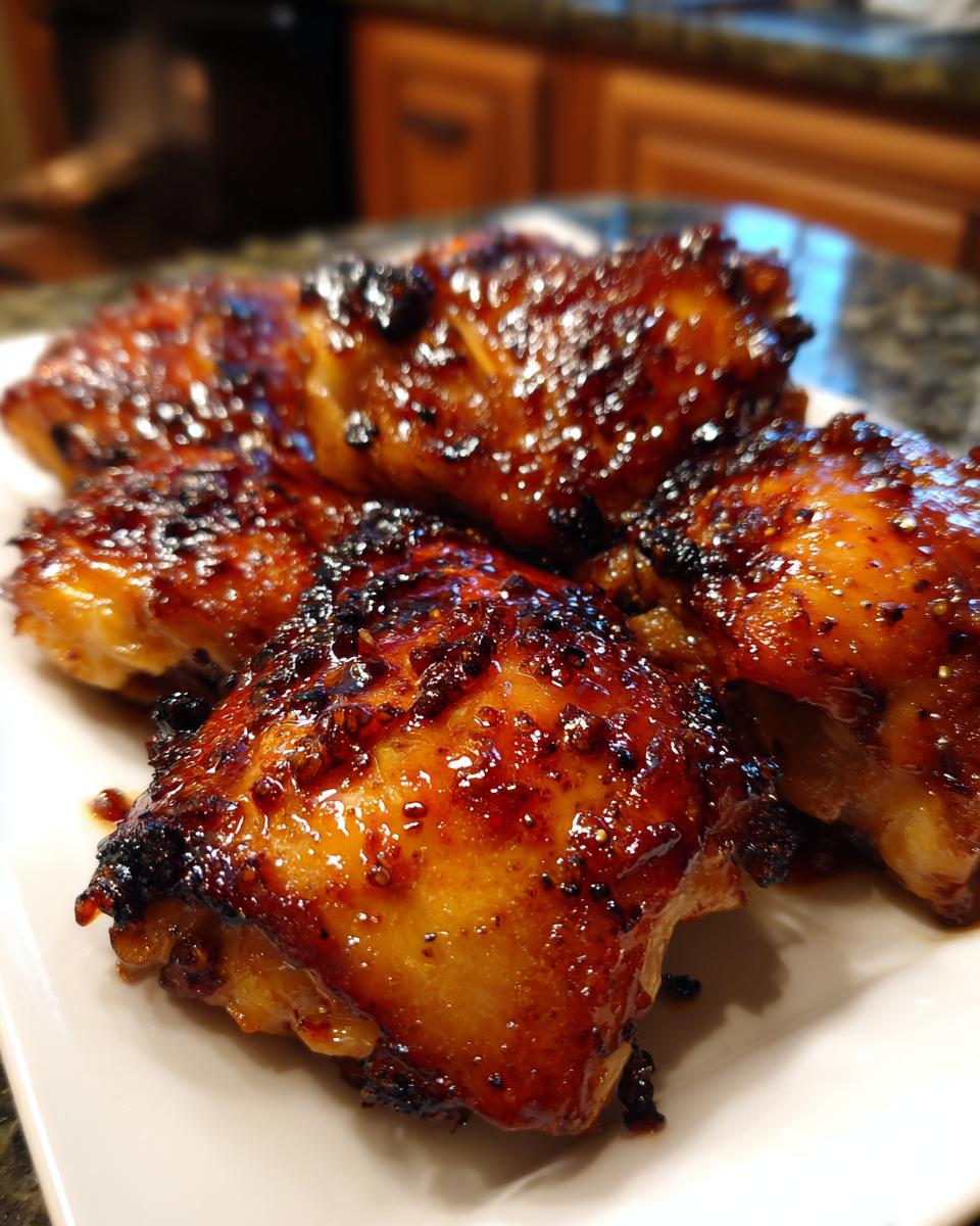 Close-up of juicy Baked Honey Garlic Chicken thighs, glazed and glistening with a rich, dark sauce.