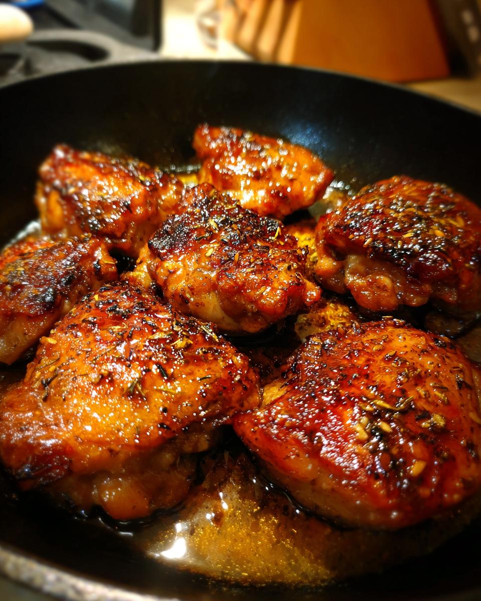 Close-up of several glistening baked honey garlic chicken thighs in a skillet, seasoned with herbs.