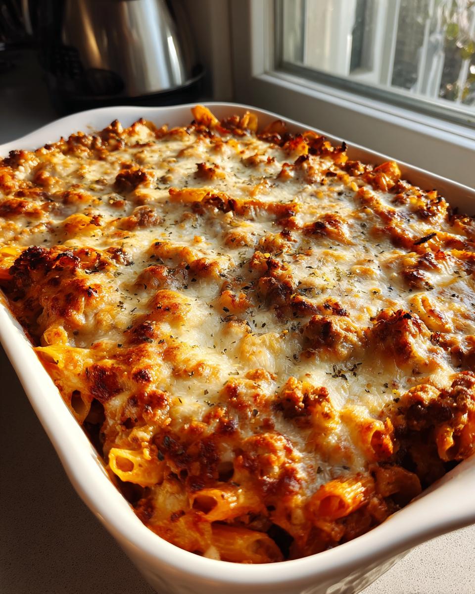 A close-up of a golden-brown baked penne with sausage casserole, bubbling with melted cheese and herbs.