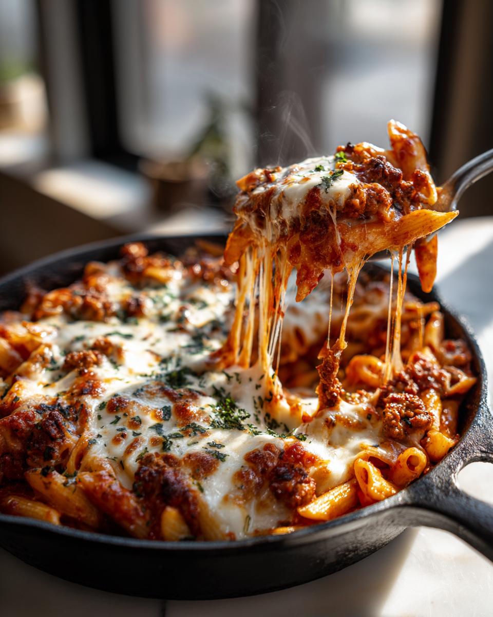 A spoonful of cheesy baked penne with sausage, showing long strands of melted mozzarella cheese.