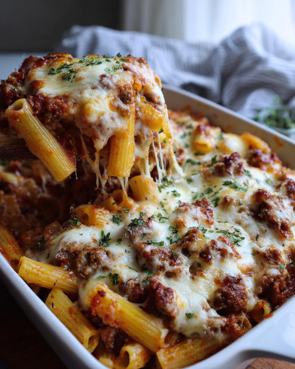 A serving spoon lifts a portion of delicious baked penne with sausage, covered in melted mozzarella cheese and parsley.