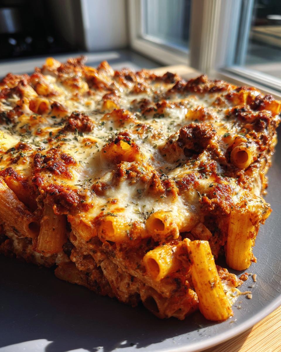 A hearty slice of Baked Penne With Sausage, covered in melted cheese and herbs.
