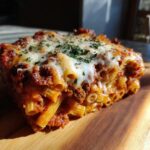 A close-up of a hearty slice of Baked Penne With Sausage, topped with melted cheese and parsley.
