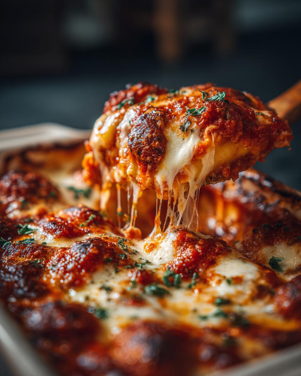 A scoop of cheesy Baked Ravioli Casserole being lifted, with melted mozzarella strings stretching.