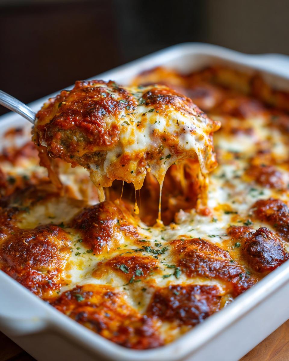 A spoonful lifting a portion of cheesy Baked Ravioli Casserole, showing melted mozzarella strings and a rich tomato sauce.