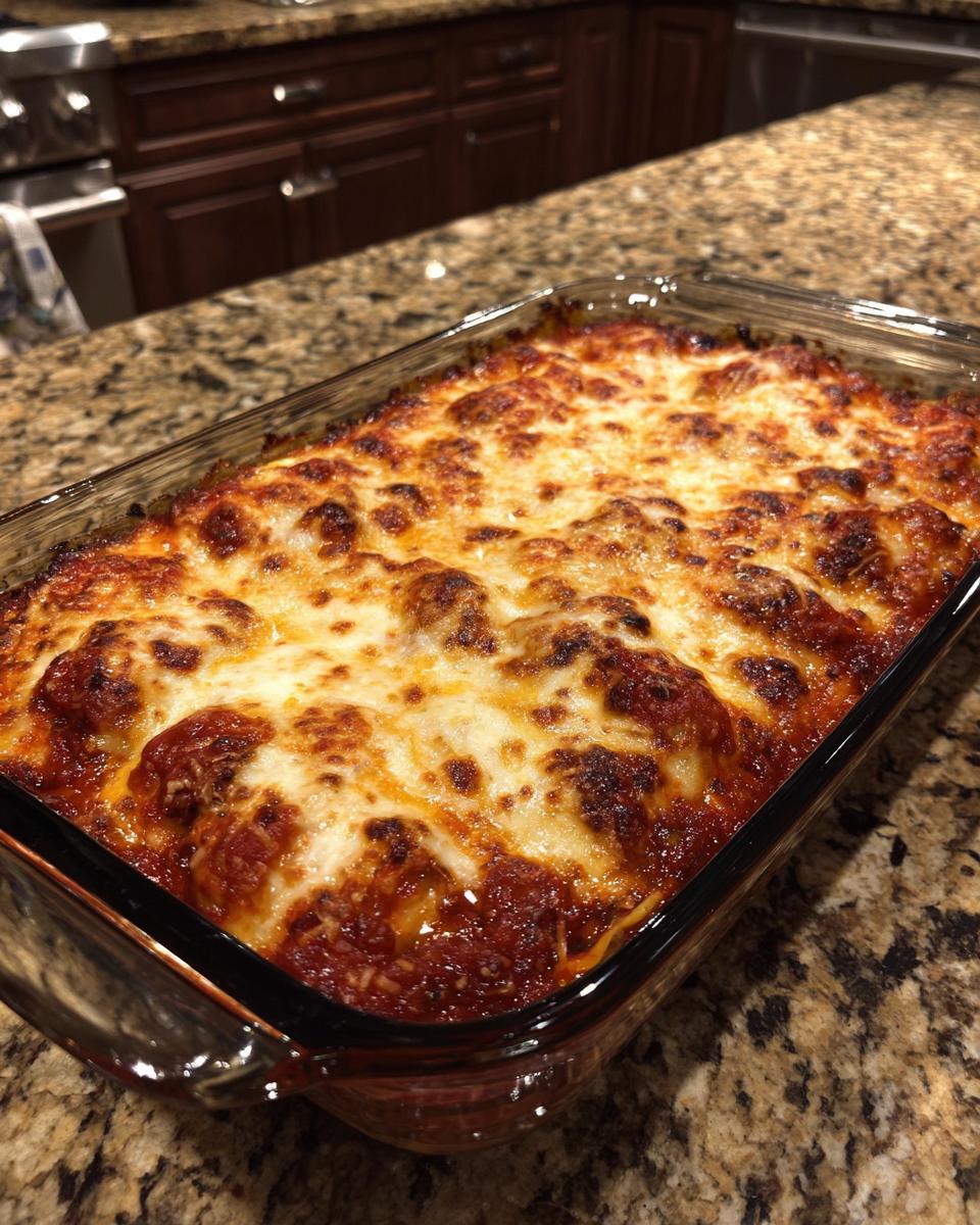 A freshly baked ravioli casserole in a glass dish, topped with bubbly, golden-brown melted cheese and rich tomato sauce.