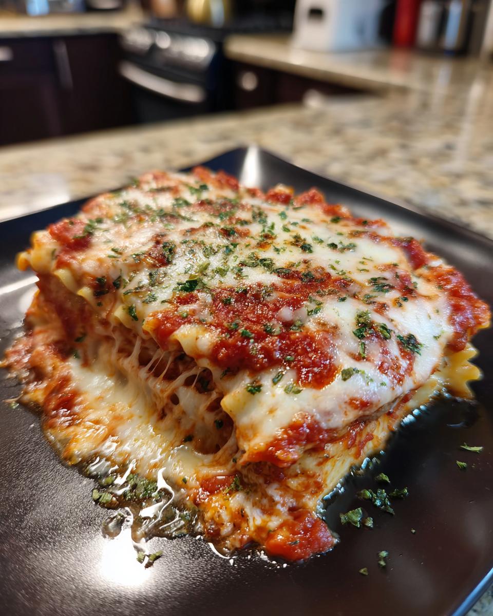 A generous slice of baked ravioli casserole, oozing with melted cheese and topped with marinara sauce and herbs.