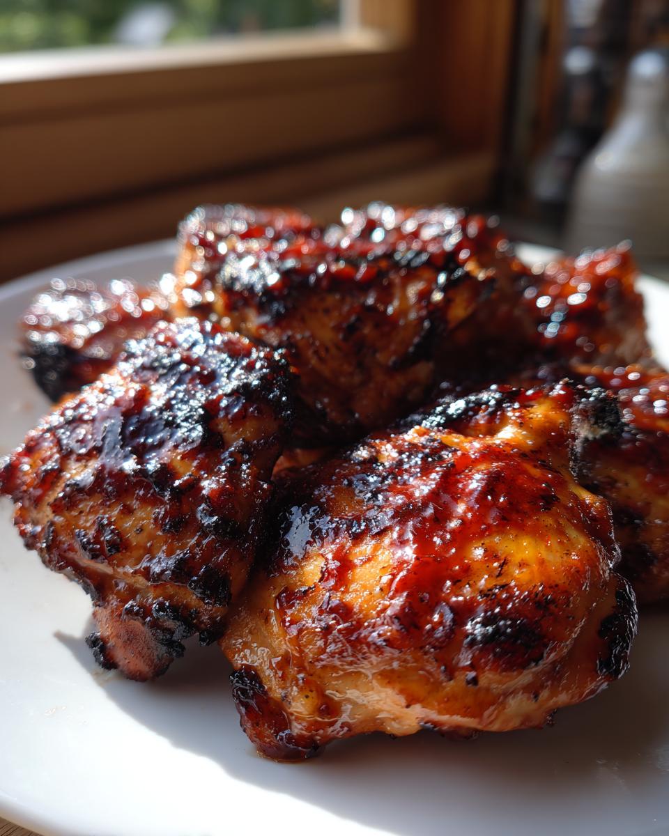 Close-up of glistening BBQ baked chicken thighs on a white plate, with a glossy, caramelized glaze.