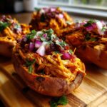 Close-up of Bbq Chicken Stuffed Sweet Potatoes topped with red onion and cilantro.