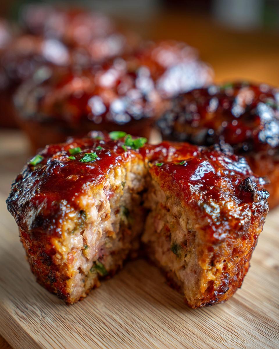 Close-up of a Bbq Meatloaf Cupcake cut in half, showing the moist interior and glazed topping.