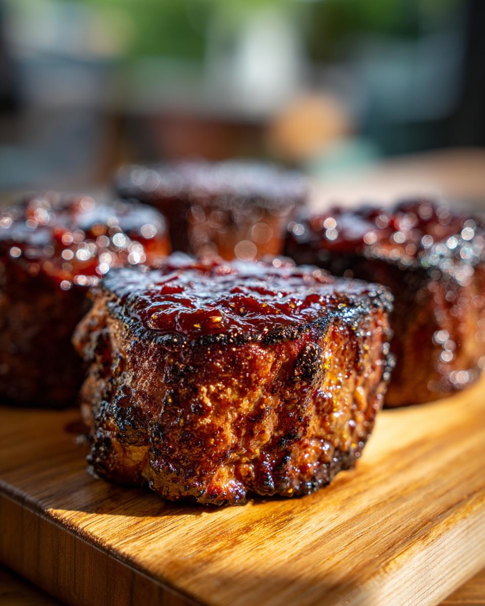 Close-up of glazed Bbq Meatloaf Cupcakes on a wooden board, showing rich texture and glossy topping.