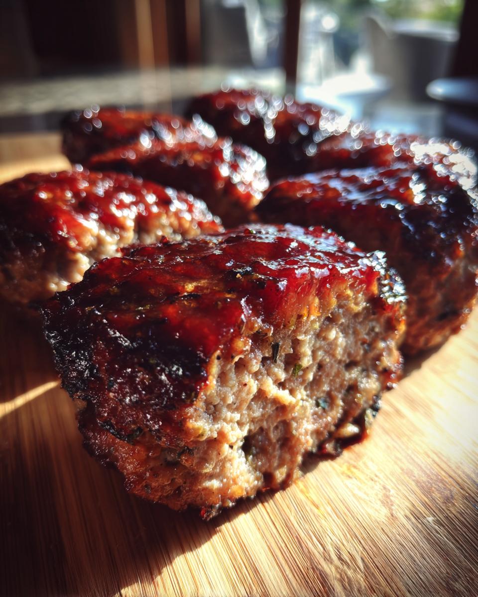 Close-up of delicious Bbq Meatloaf Cupcakes topped with a glossy, dark red sauce on a wooden board.