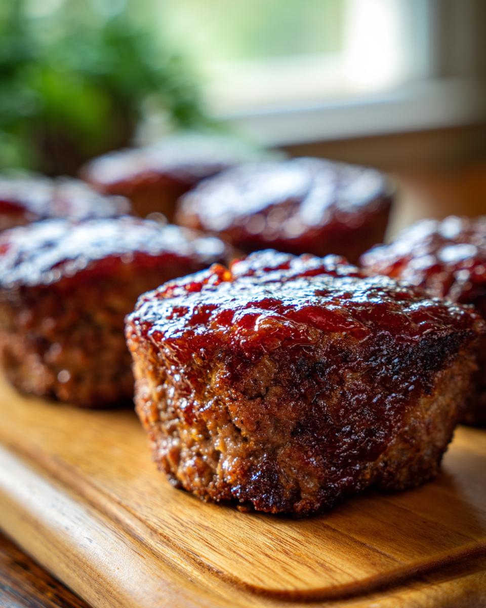 Close-up of a moist Bbq Meatloaf Cupcake topped with a glossy sauce, served on a wooden board.