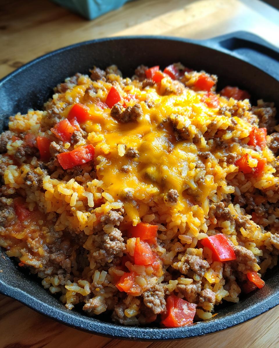 A close-up of a cast iron skillet filled with a hearty Beef and Rice Skillet topped with melted cheddar cheese and diced red peppers.