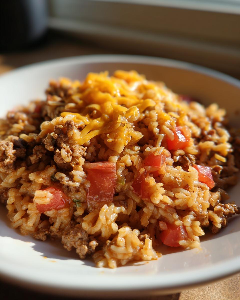 Close-up of a delicious Beef and Rice Skillet dish, featuring ground beef, rice, diced tomatoes, and melted cheddar cheese.