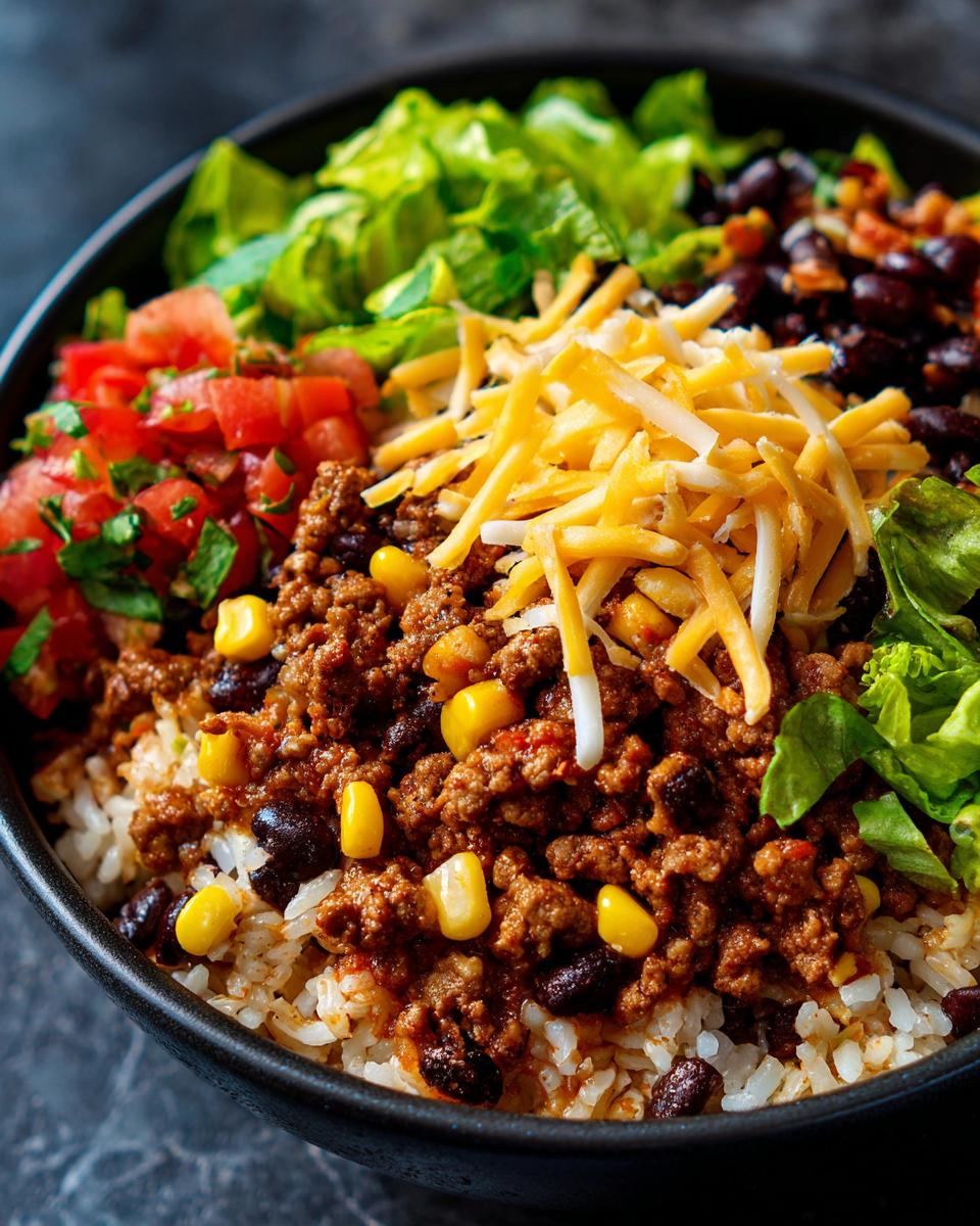 Close-up of a Beef Burrito Bowl filled with seasoned ground beef, rice, black beans, corn, shredded cheese, tomatoes, and lettuce.