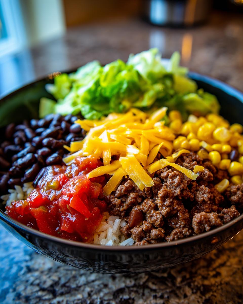 A close-up of a Beef Burrito Bowl filled with rice, seasoned ground beef, black beans, corn, salsa, shredded cheese, and lettuce.