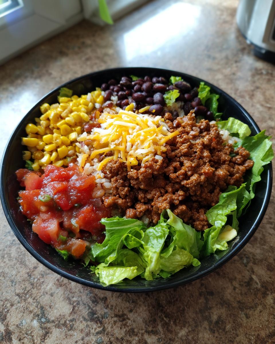 A close-up of a delicious Beef Burrito Bowl filled with seasoned ground beef, rice, black beans, corn, salsa, and shredded cheese.