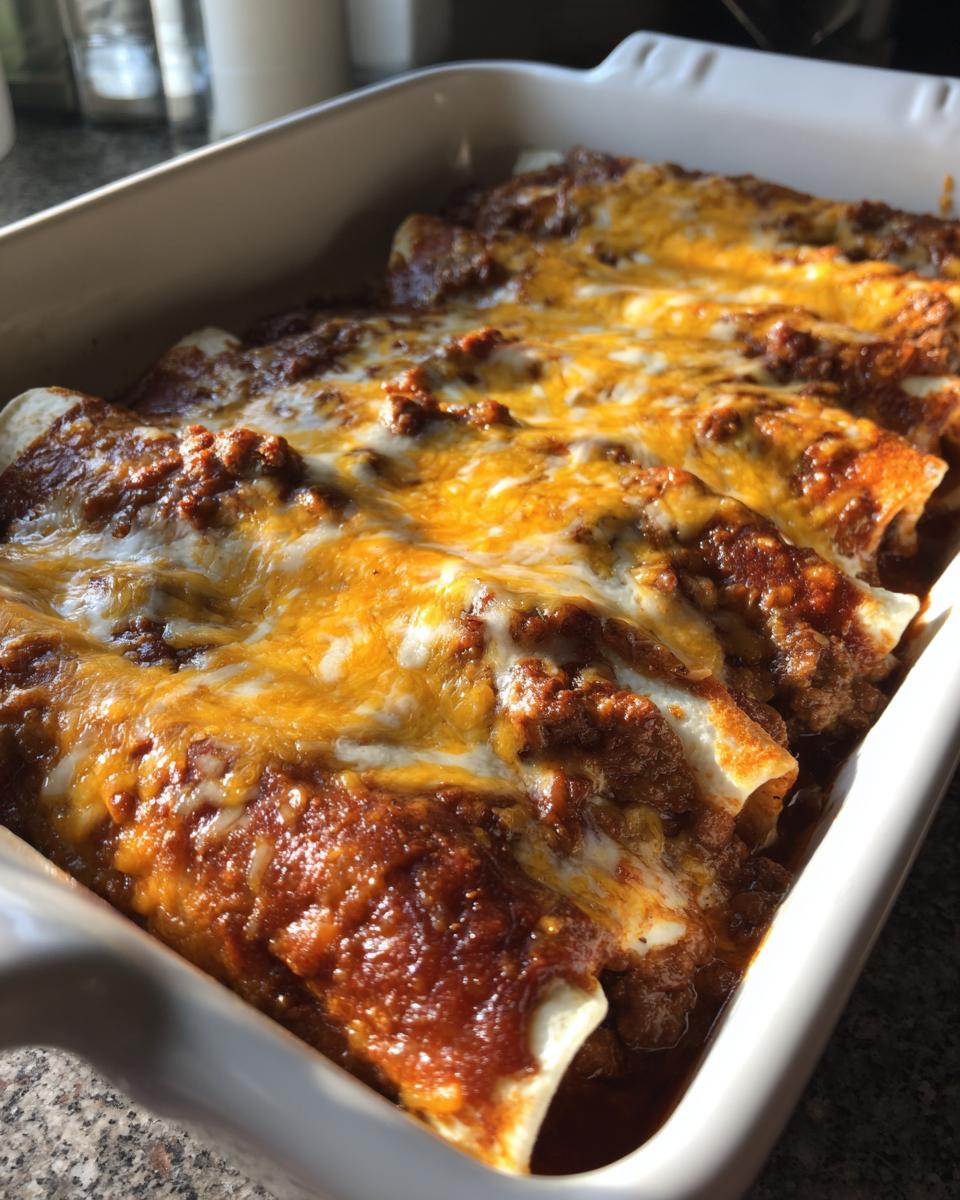 Close-up of baked Beef Enchiladas in a white casserole dish, covered in red sauce and melted cheese.