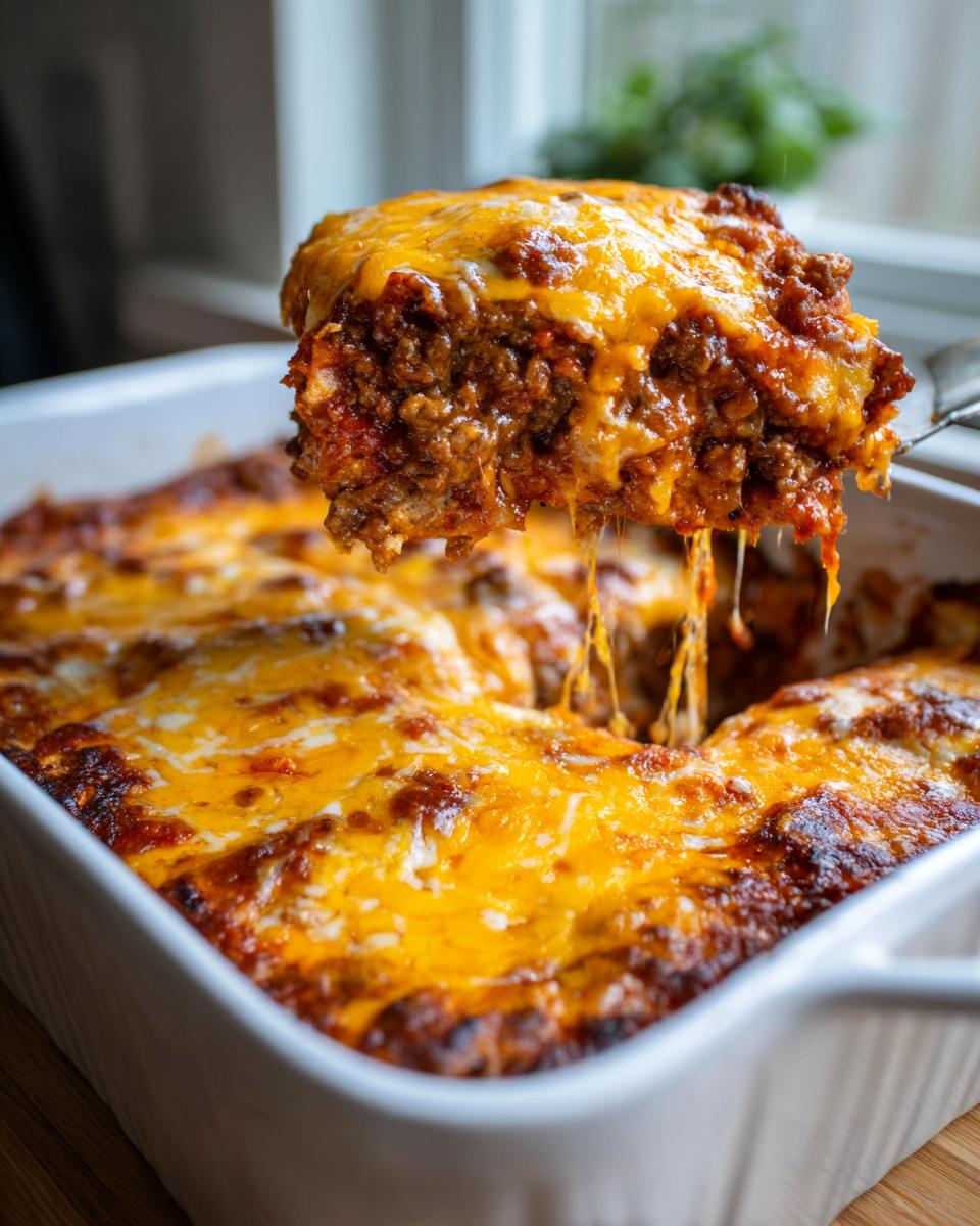 A serving spoon lifts a cheesy portion of delicious Beef Enchiladas from a baking dish.