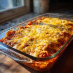 A close-up of a baking dish filled with delicious beef enchiladas, topped with melted cheese and bubbling sauce.