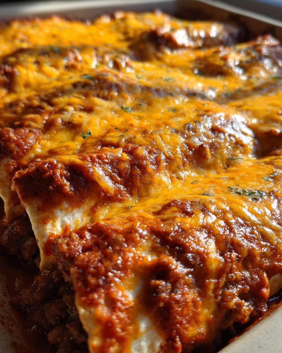 Close-up of baked Beef Enchiladas topped with bubbling melted cheese and red enchilada sauce.